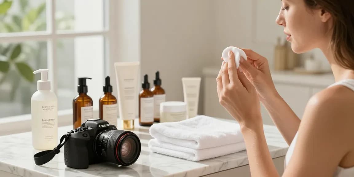Applying Balance and Refresh Toner in a bright skincare studio.