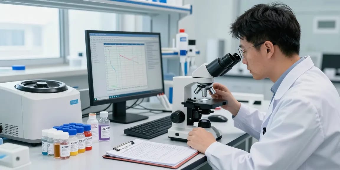 AOD-9604 research peptide analysis in a modern lab with vials and data on weight loss.