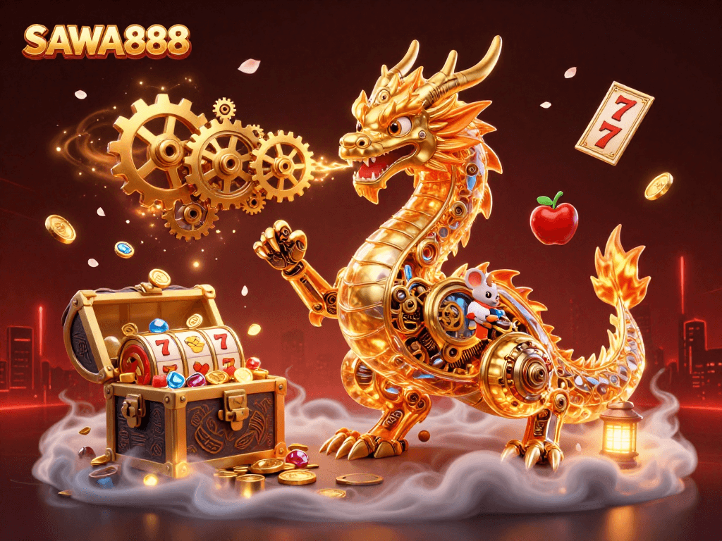 Experience SAWA888's thrilling slots with a mystical dragon amidst gold coins and jackpot reels.