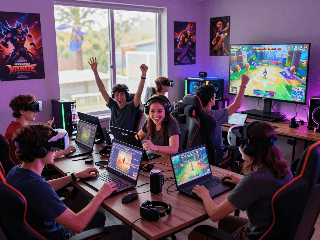 Excited friends engaging in online porn games in a colorful gaming room.