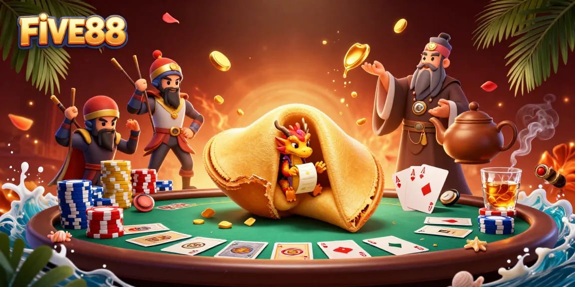 Engage with the FIVE88 dynamic casino scene featuring a golden fortune cookie and poker elements.