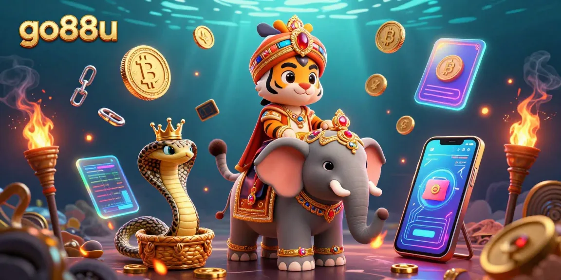 Experience the vibrant atmosphere of go88u with a royal tiger and elephant amidst dazzling crypto elements.