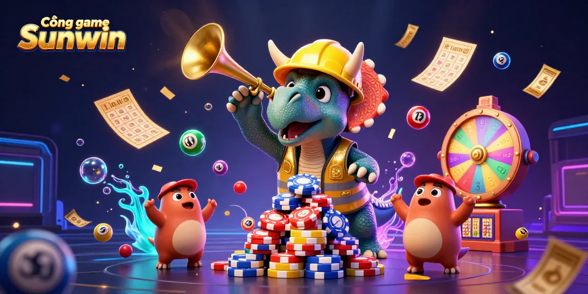 Cổng game Sunwin showcases a lively casino scene with a triceratops building poker chip pyramids among colorful lottery elements.