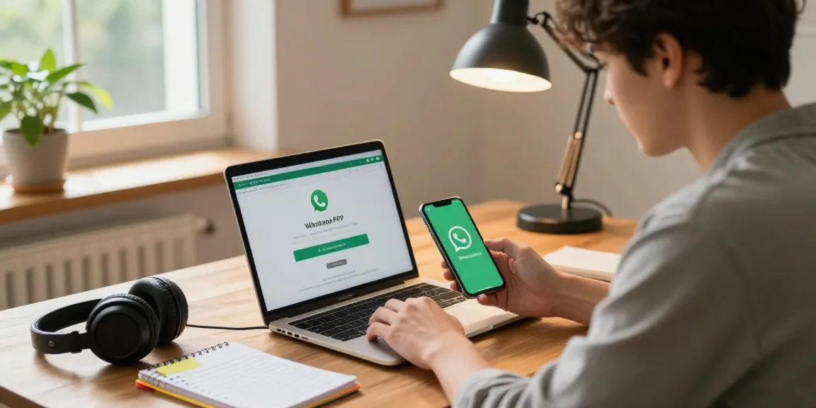 WhatsApp下載 in a home office as a user focuses on downloading the app on their laptop.