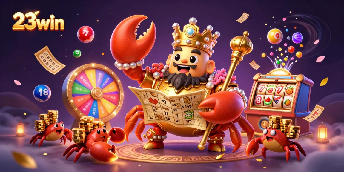 Engage with 23win's thrilling online casino experience, featuring vibrant lottery elements and a majestic crab emperor.