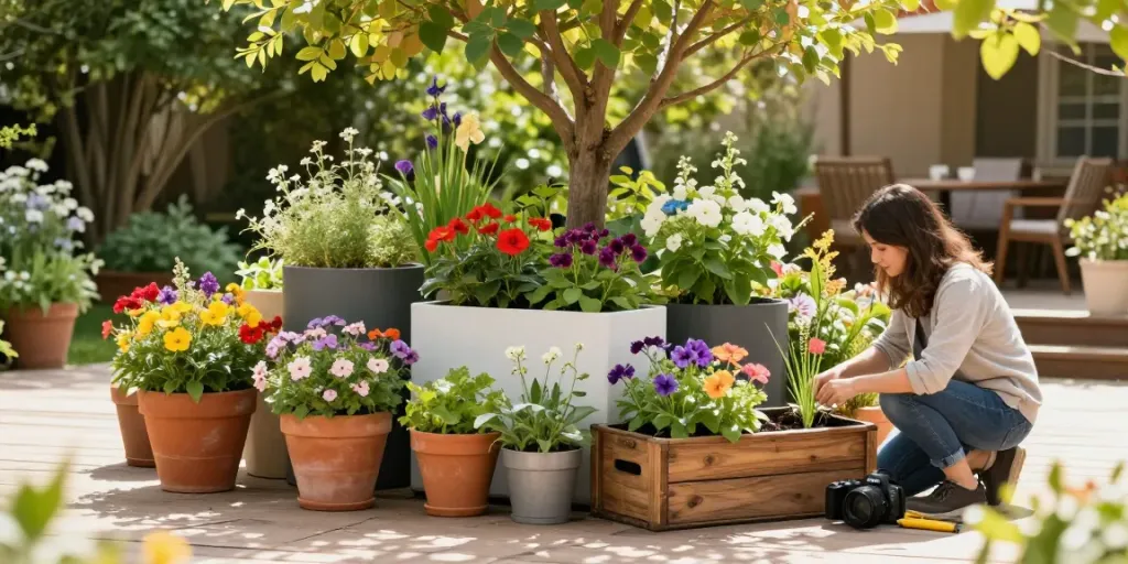 Beautiful garden planters filled with flowers in vibrant outdoor setting.