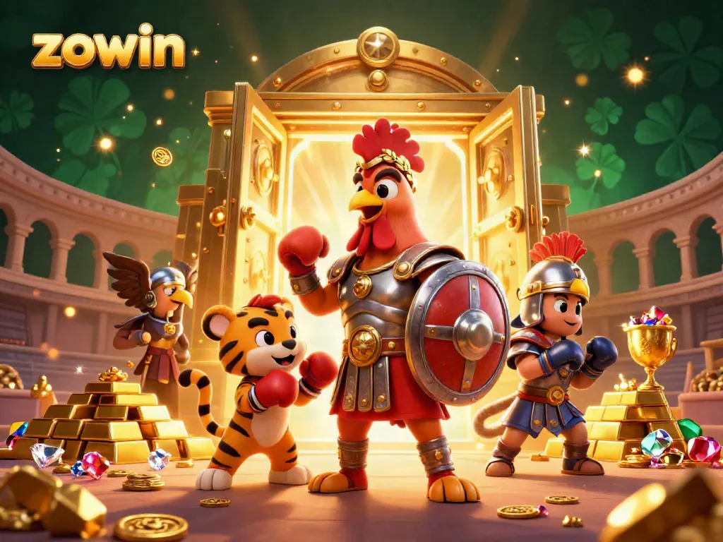 Zowin themed casino illustration with a gladiator rooster, treasures, vibrant colors, and dynamic gaming elements.