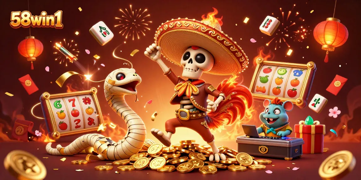 Celebrate wins with 58win1 featuring a vibrant illustrated casino scene filled with golden coins.