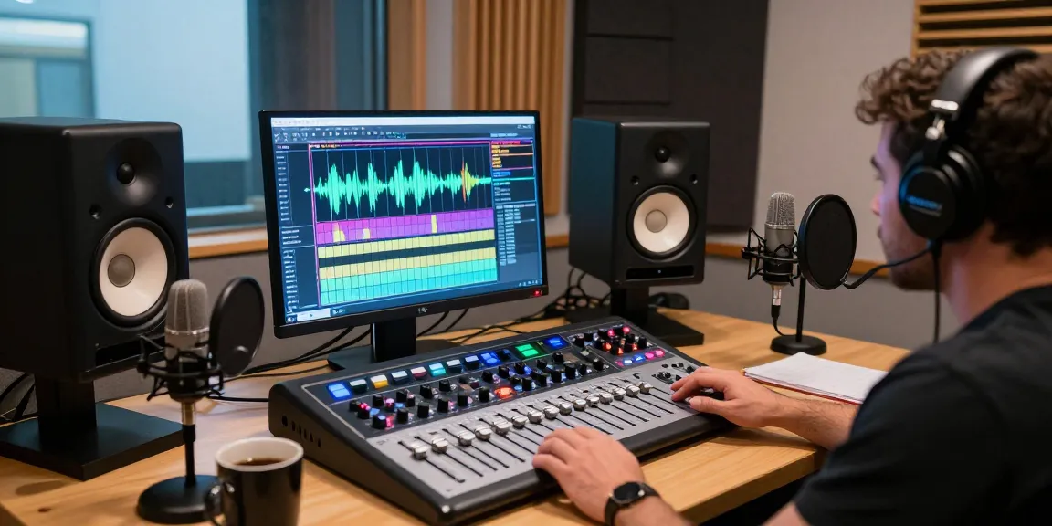 Music engineer mixing audio tracks for internet radio services, showcasing innovative email services for artists.