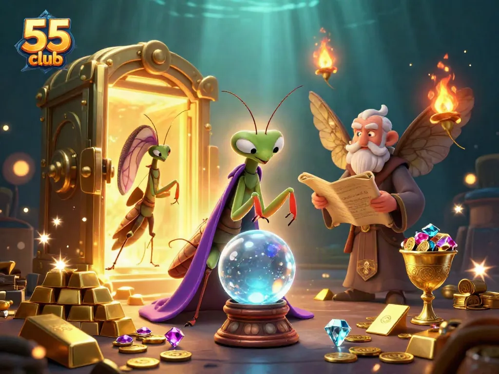 Experience thrilling gaming at 55 club with a mystical fortune teller and golden treasures.