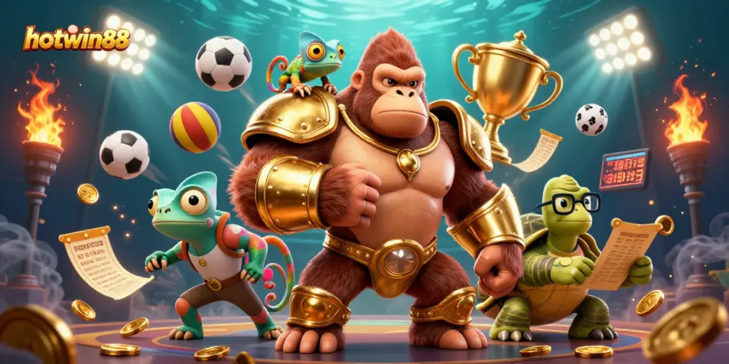 Engage with hotwin88's vibrant casino scene, featuring a powerful gorilla and sports-themed elements.