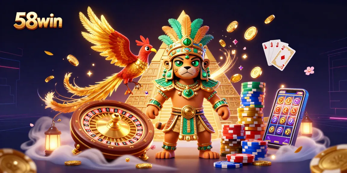 Win big with 58win as luxurious Mayan figures celebrate casino success amidst riches and excitement.