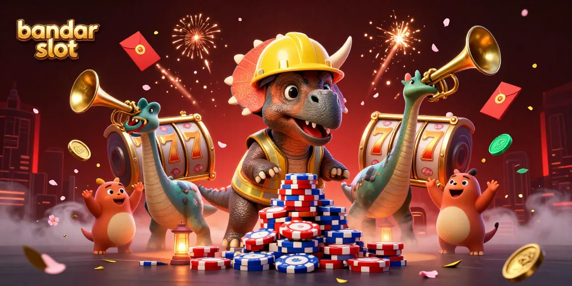 Engage with bandar slot gaming through a vibrant 3D illustration showcasing colorful slot reels and celebratory characters.