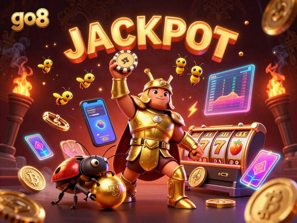 Spin the reels at go8 with a victorious beetle amidst crypto symbols and a glowing jackpot!