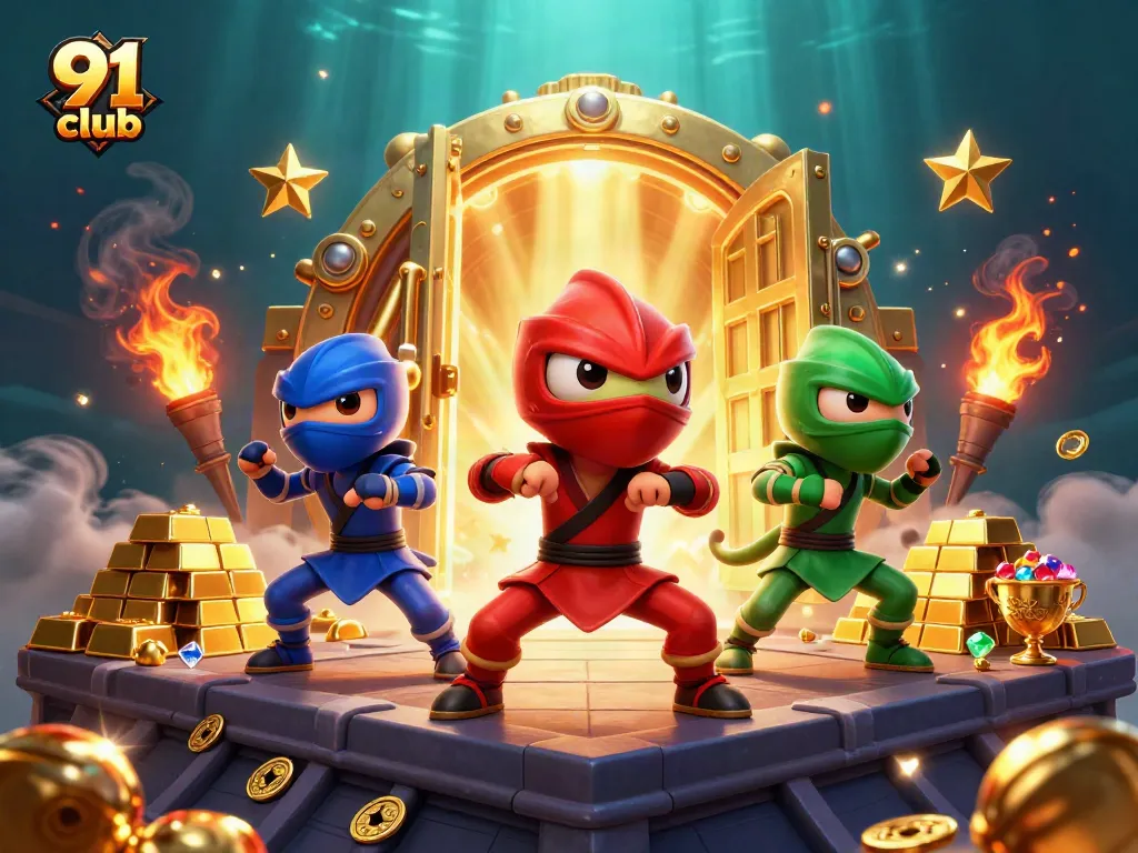 Engage with 91 club through vibrant casino-themed cartoon art featuring ninja chameleons.