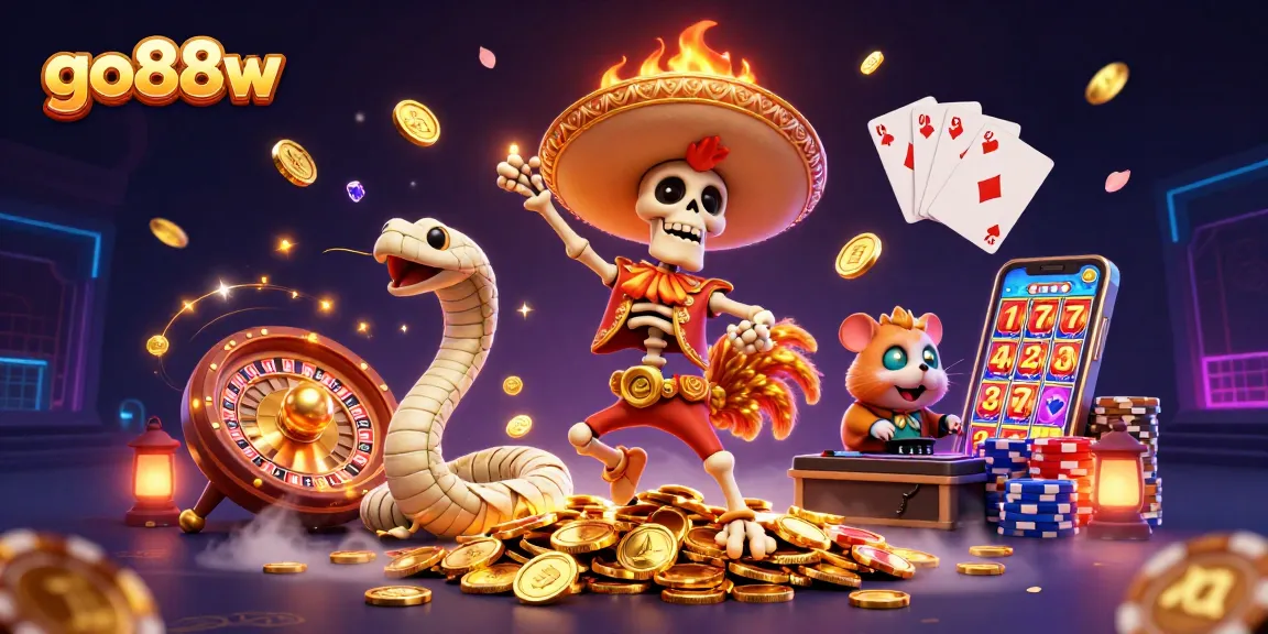 Experience the excitement at go88w with a vibrant casino scene featuring festive characters and dazzling gaming elements.