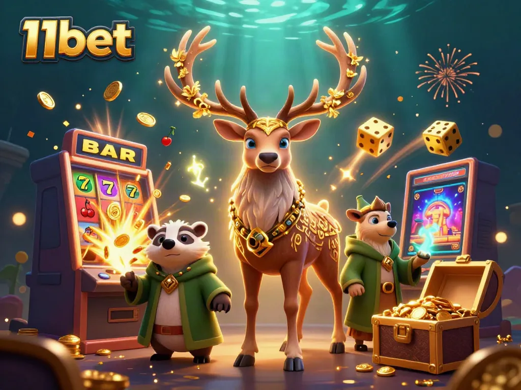 Experience thrilling casino gaming with 11bet, featuring dynamic slot machine action and enchanting characters.