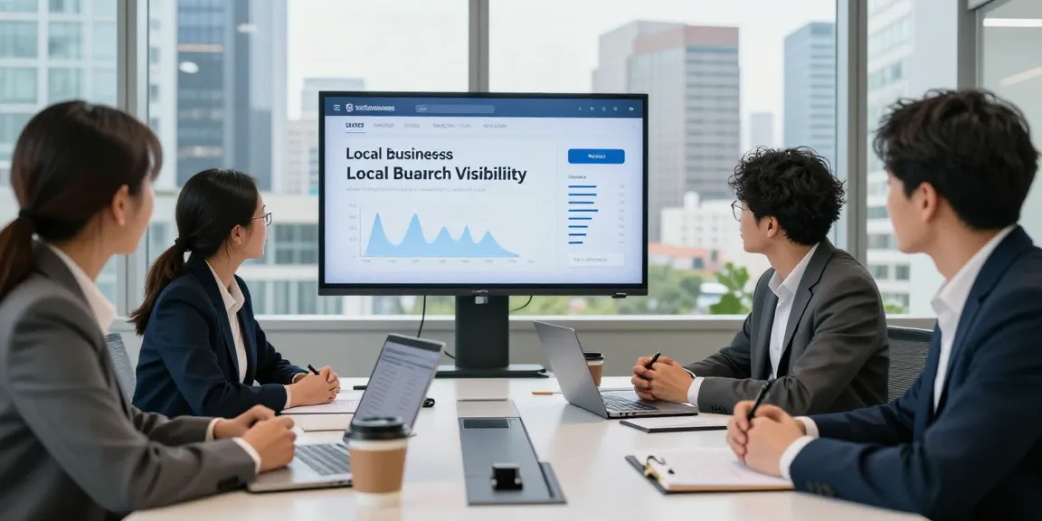 Business professionals engaged in a meeting about local business visibility tools with analytics displayed on screen.