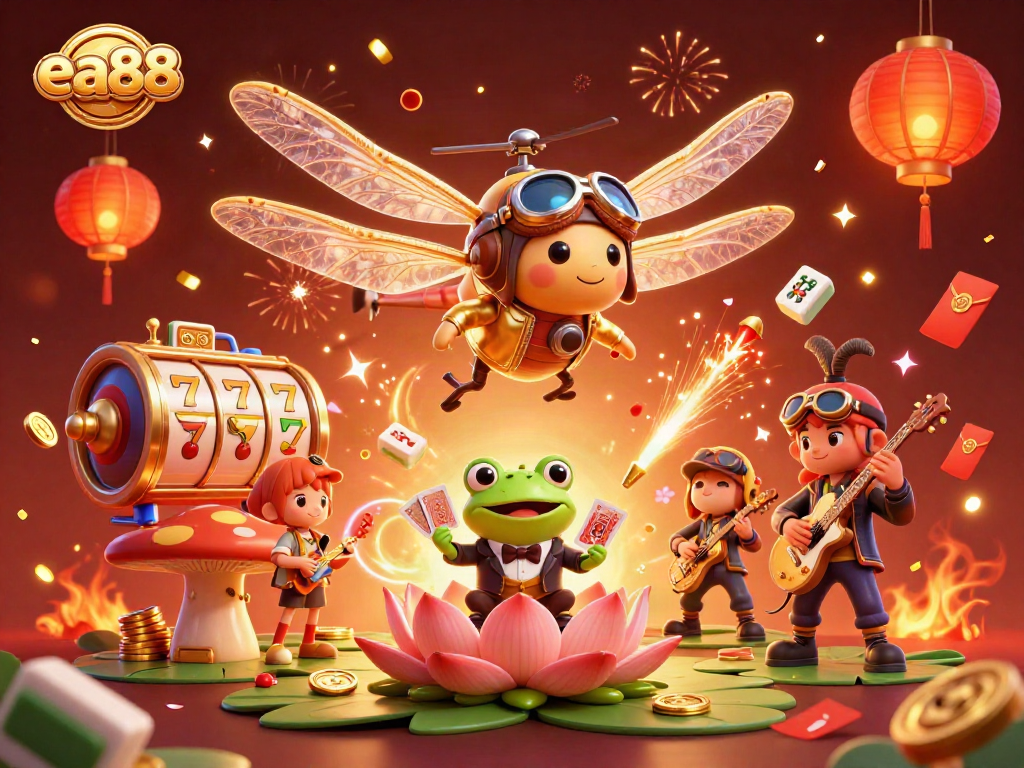 Experience thrilling gambling at ea88 with a lively dragonfly pilot and frog dealer amidst vibrant slot action.