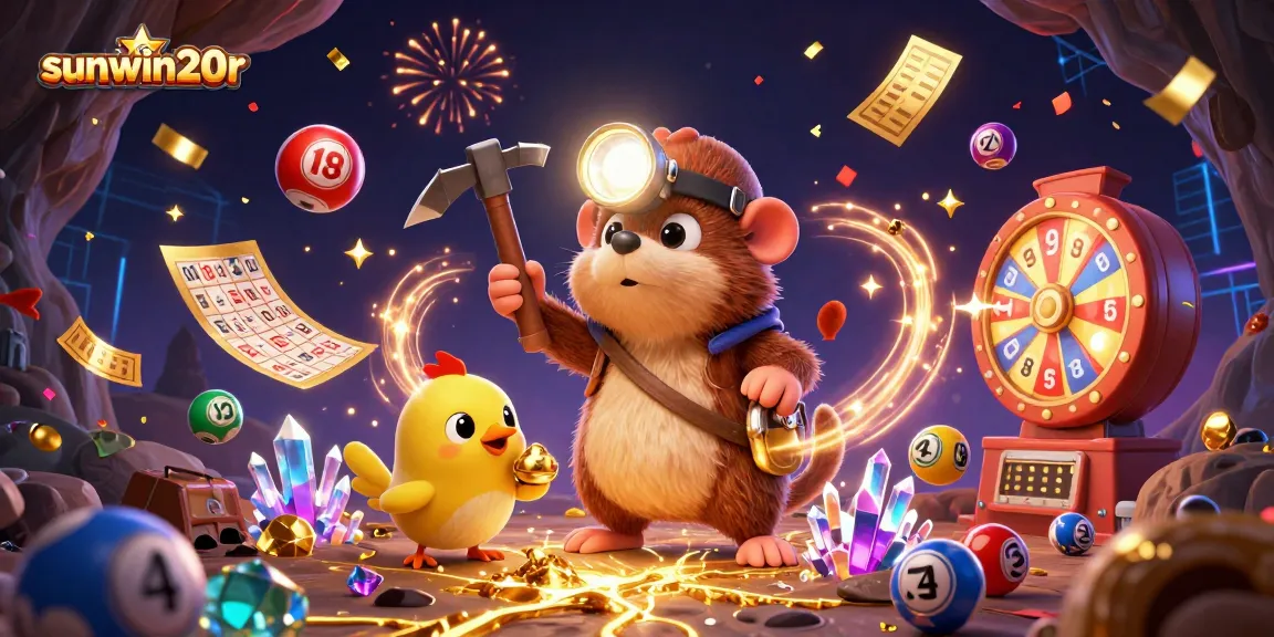 Experience the excitement at sunwin20r with vibrant lottery balls and a treasure-seeking mole in action.