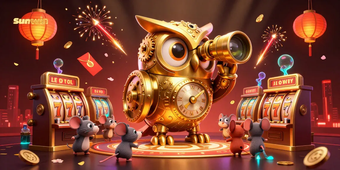 Engage with sunwin as a golden owl surveys slot machines in a vibrant 3D casino atmosphere.