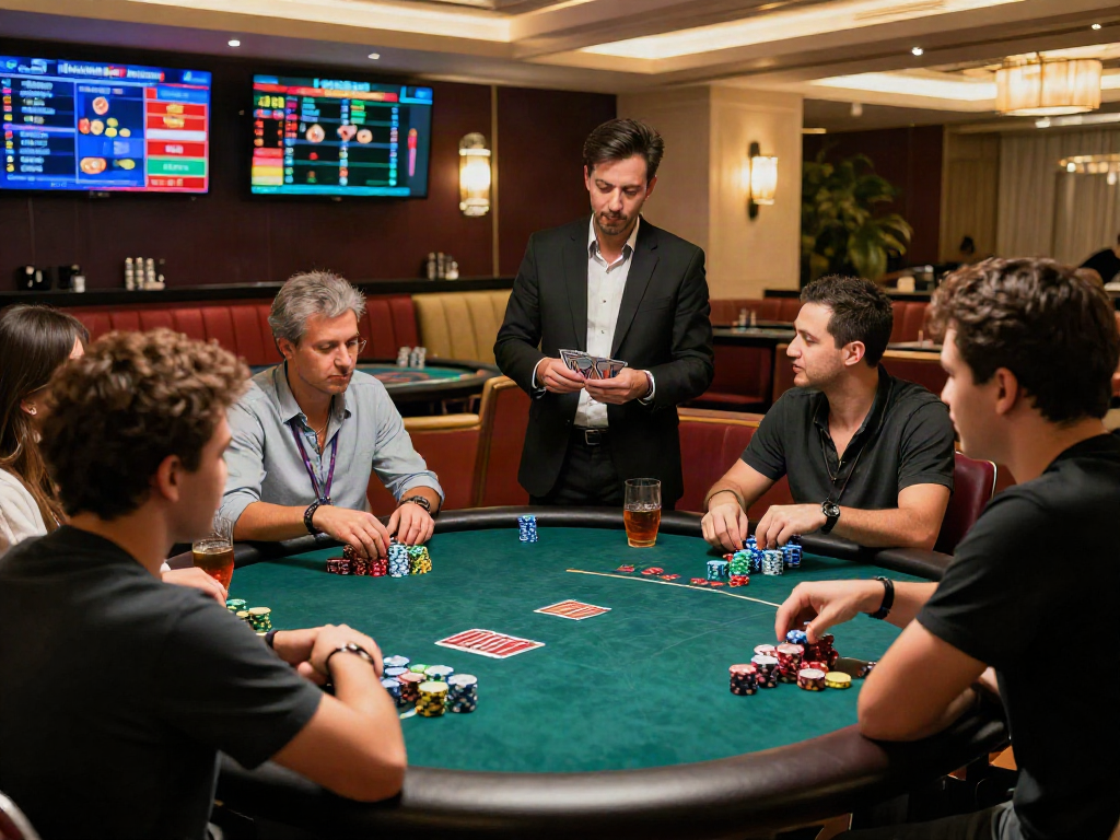 Engaging gaming experience around a poker table in a modern casino demonstrating 토토사이트 검증 먹튀스팟 camaraderie.