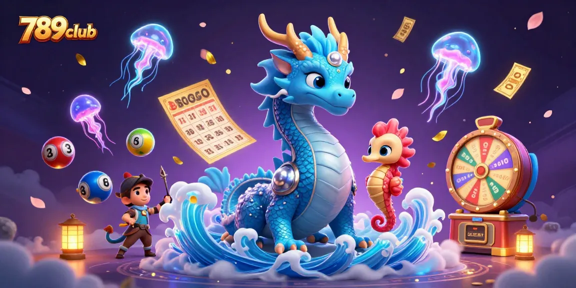 Play fun games at 789club, featuring a magical dragon, knight, and vibrant lottery elements.