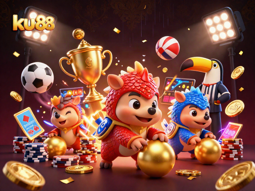 ku88 pangolins compete in a vibrant casino scene with gold coins and sports elements