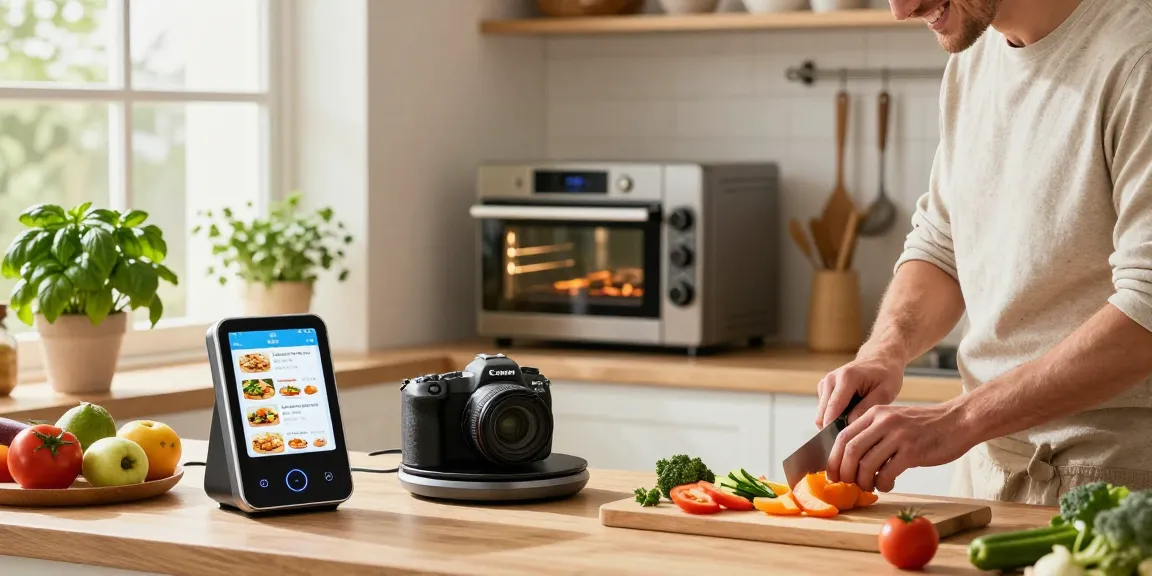 Home cook using smart kitchen gadgets like a digital scale knife in a bright modern kitchen.
