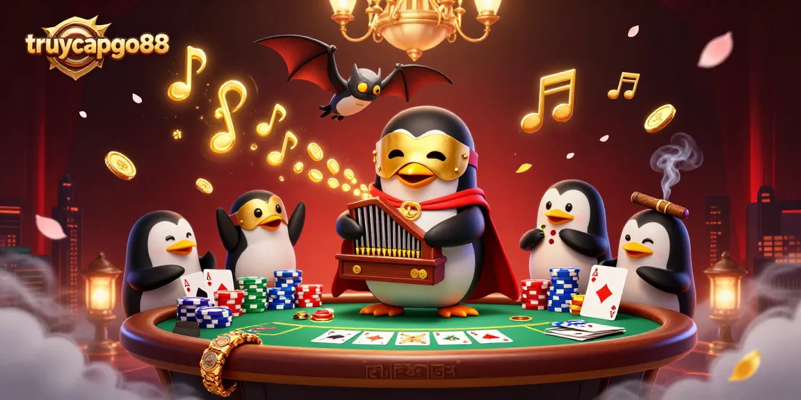 Experience exciting gameplay at truycapgo88 with a cartoon penguin organ player and golden coins cascading.