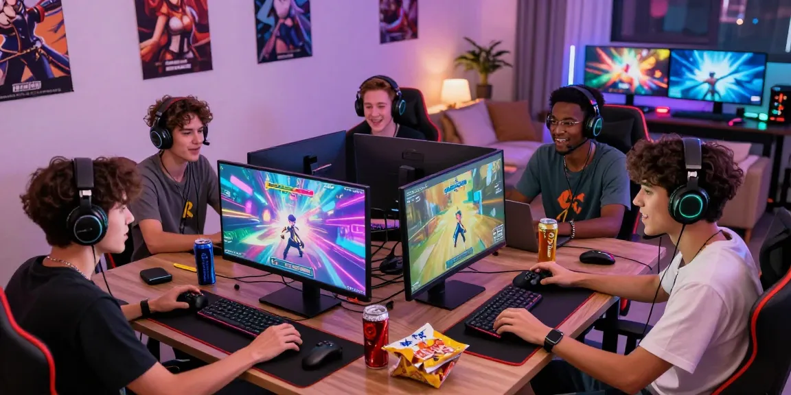 Exciting gaming scene with players enjoying hentai game online in a lively home setup, vivid graphics on screens, and a cozy atmosphere.