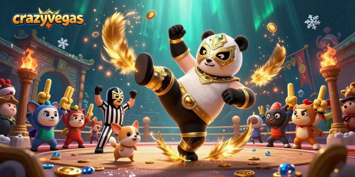 Crazyvegas highlights a vibrant scene of a panda wrestler kicking, surrounded by cheering animals in a casino.