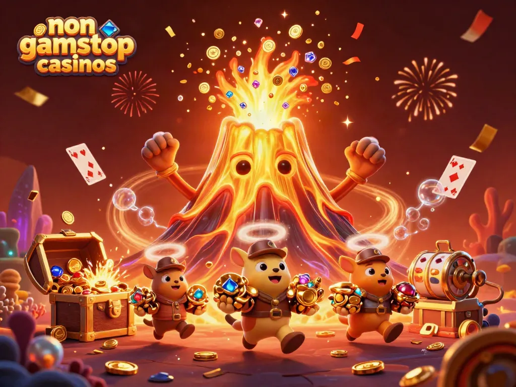 Experience thrilling gameplay at non gamstop casinos with treasures from a 3D volcano and vibrant casino elements.