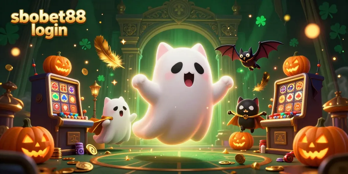 Engage with sbobet88 login while exploring a vibrant haunted casino with a ghost cat and a vampire bat.