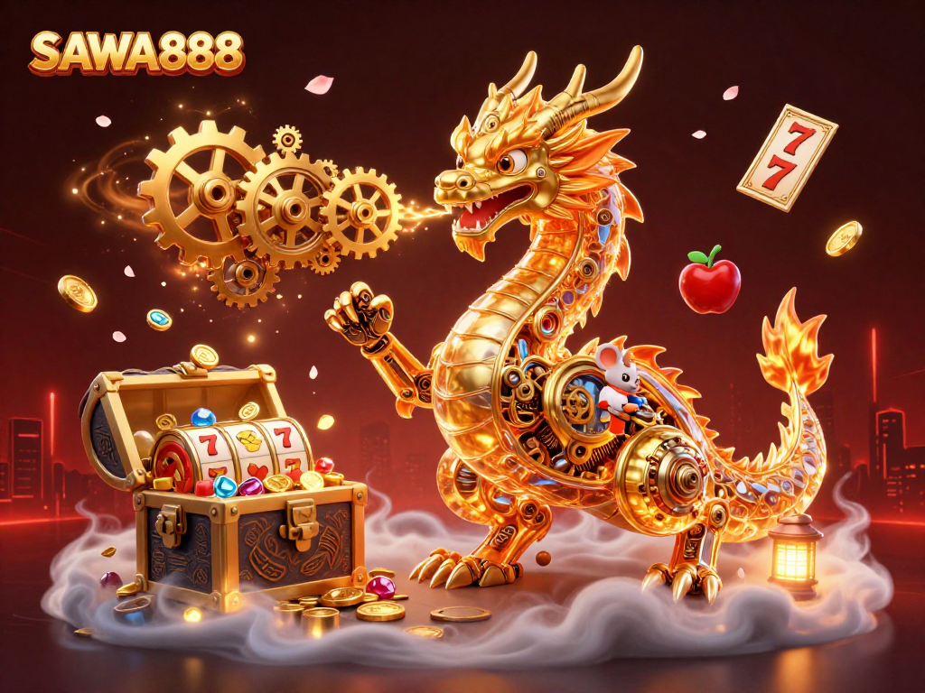 Experience SAWA888's thrilling slots with a mystical dragon amidst gold coins and jackpot reels.