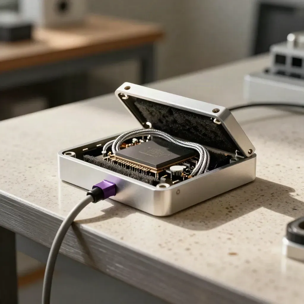 Quantum prototype rig with chip carrier, braided leads and open machined housing on travertine.