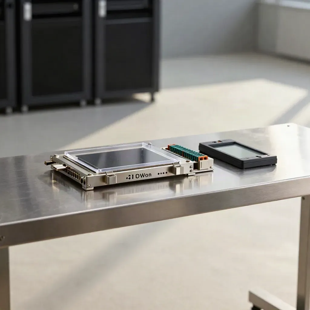 Quantum readiness bench with a sealed server module, wafer tray and clear connector blocks in a lab.
