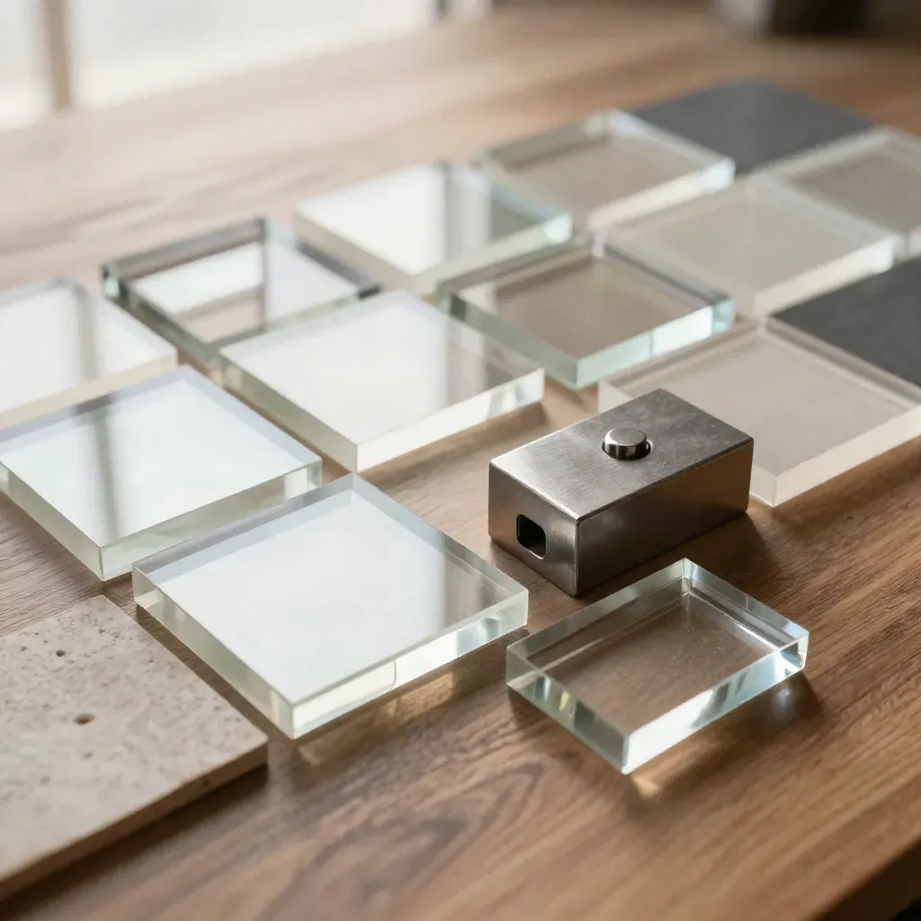 Mirror tiles and acrylic blocks align on walnut, with one empty slot and silver highlights.