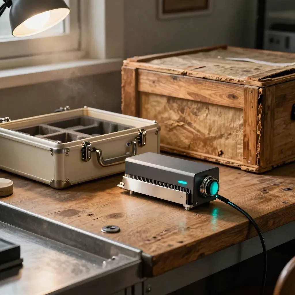 Three quantum use-case candidates on an oak workbench, sensor module in front, crate and case behind.
