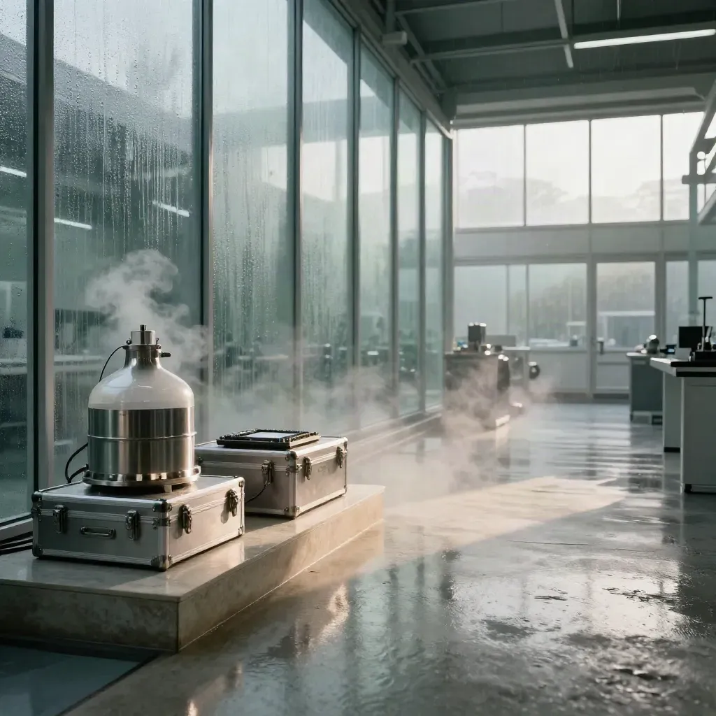 Glass quantum lab with cryogenic dewar, chip carrier and fibre loops in post-rain light