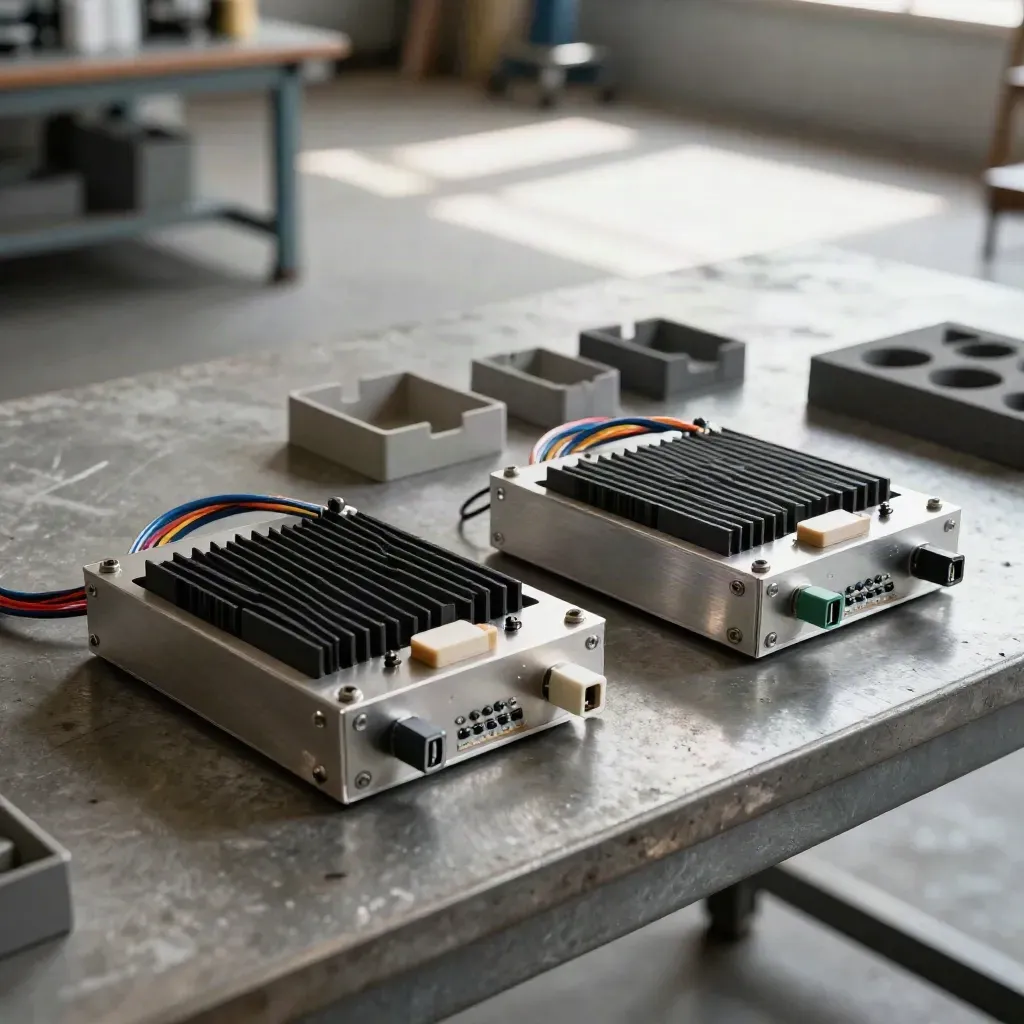Two quantum pilot kits on a steel workbench with blurred prototype options behind