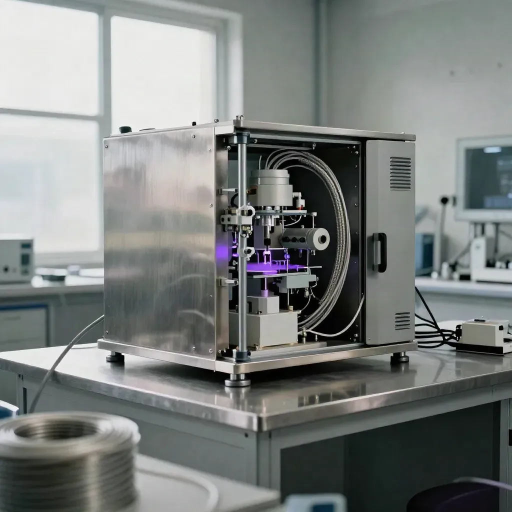 Empty quantum lab with cryostat, fibre bundles, and modules in a clean research bay.