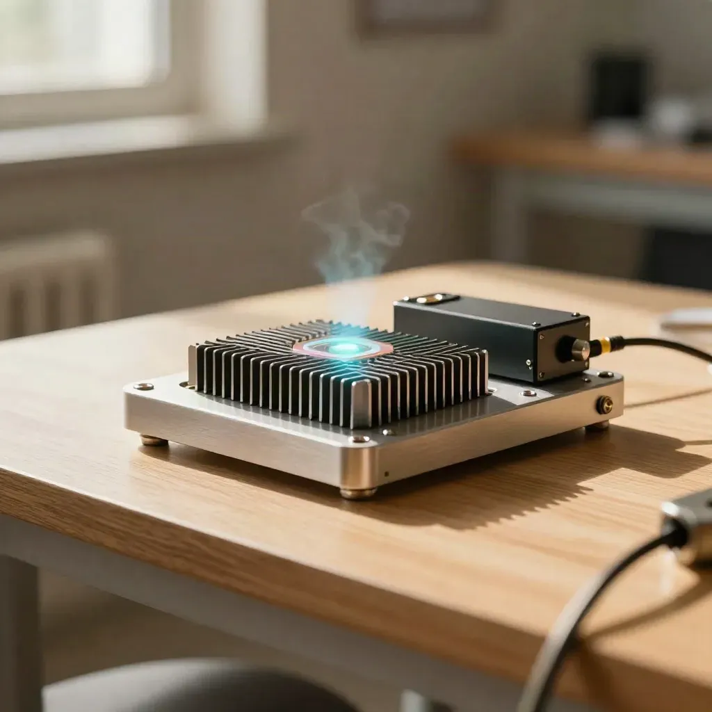 Glowing quantum prototype rig on a warm oak bench in soft daylight