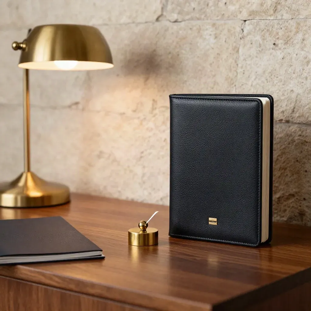 Black portfolio case and brass decision puck lit by a brass lamp on a walnut boardroom credenza.