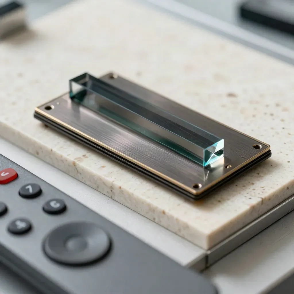 Macro still life of a silicon wafer, smoked-glass prism and remote on a travertine lab slab.
