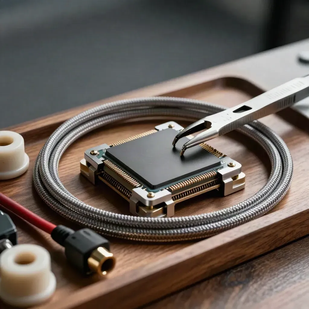 Superconducting chip mount with tweezers and coax bundle on a walnut lab tray