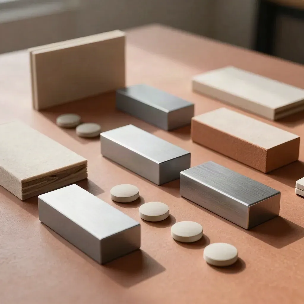 Quantum training kit with demo blocks, ceramic tokens and folded acoustic panels on a terracotta bench.