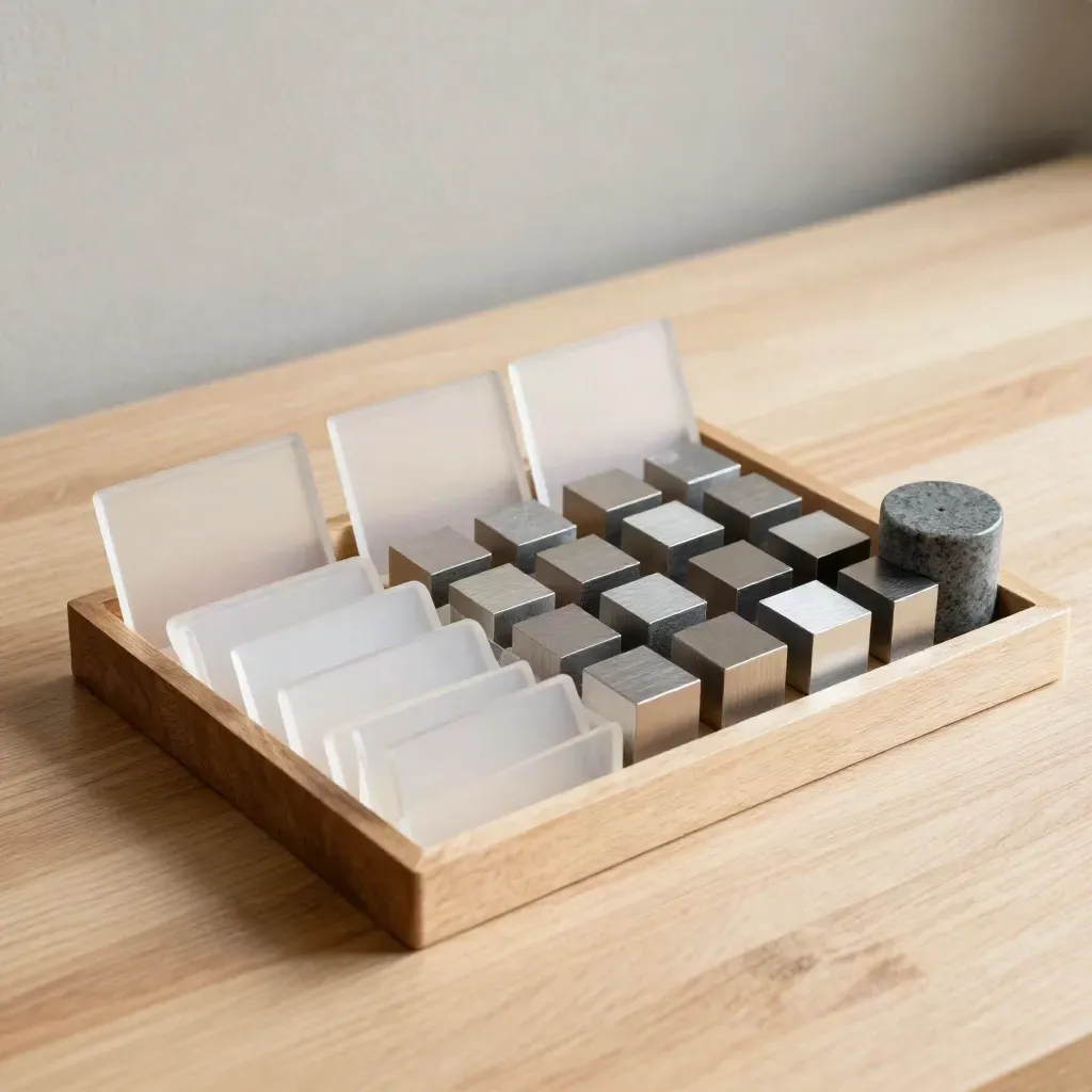 Modular planning tray with acrylic cards, metal cubes and stone weight on pale oak