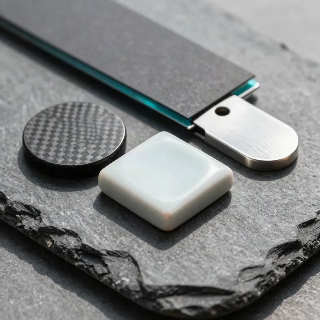 Three decision tokens on graphite stone, the center ceramic tile catching a cool cyan highlight.
