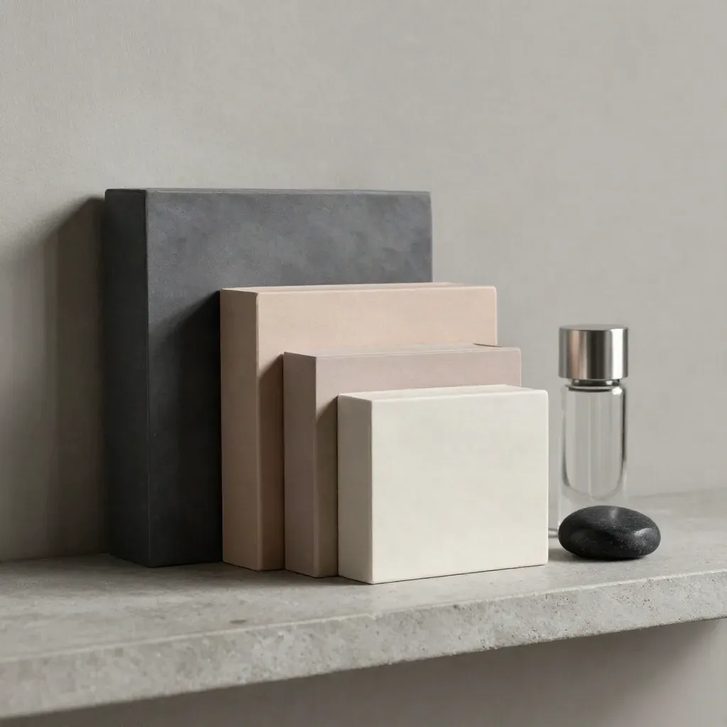 Three nested boxes, a sealed vial and a black marker stone on a concrete shelf in soft side light.